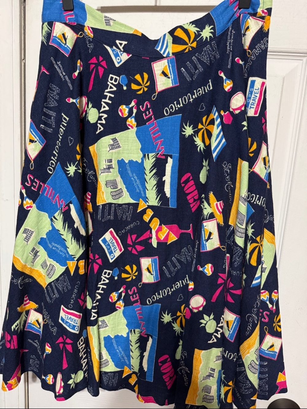 Modcloth Navy Travel Print A-Line Skirt Large W 15” L 26”